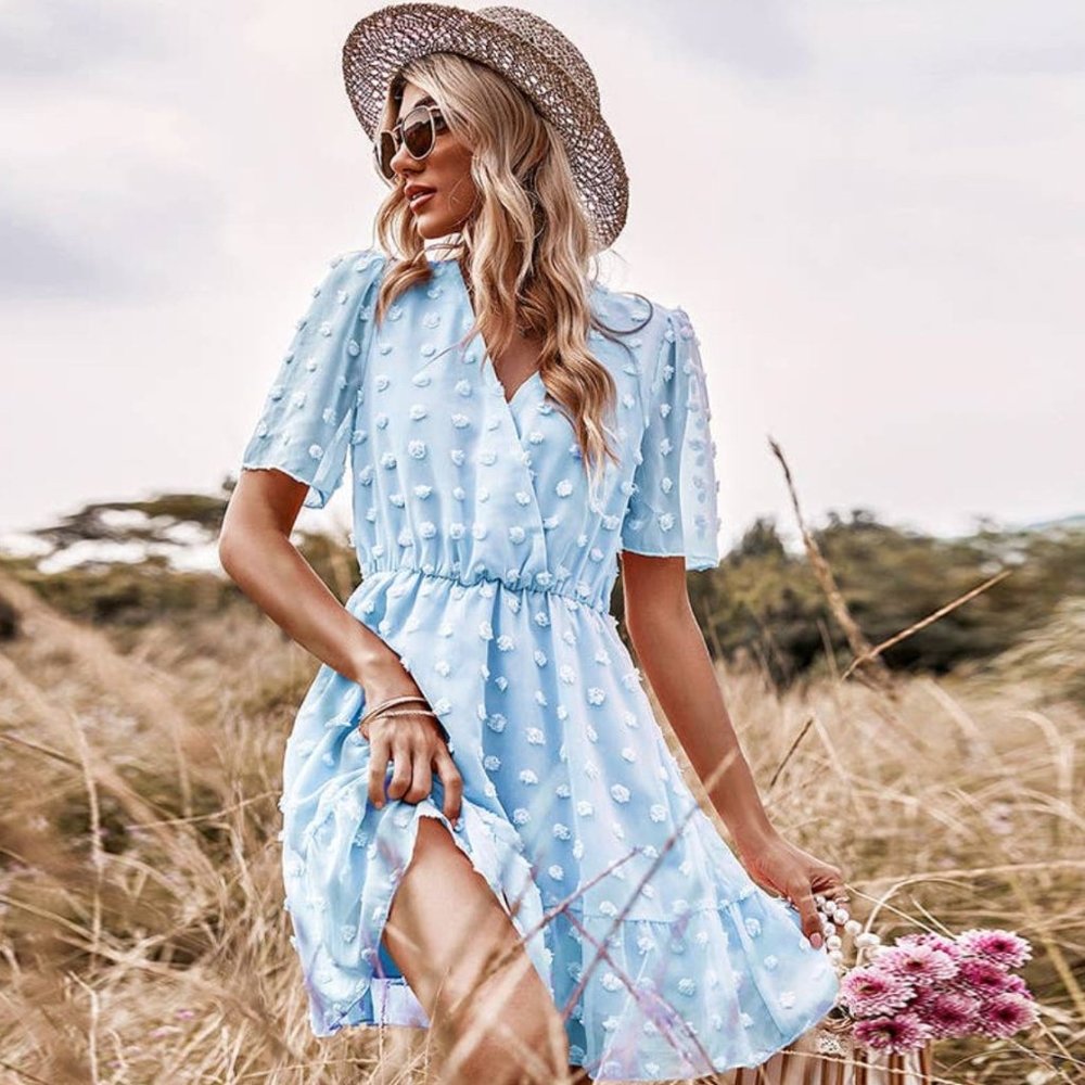 V-Neck Waisted Short-Sleeved Polka-Dot Blue Bohemian Midi Dress